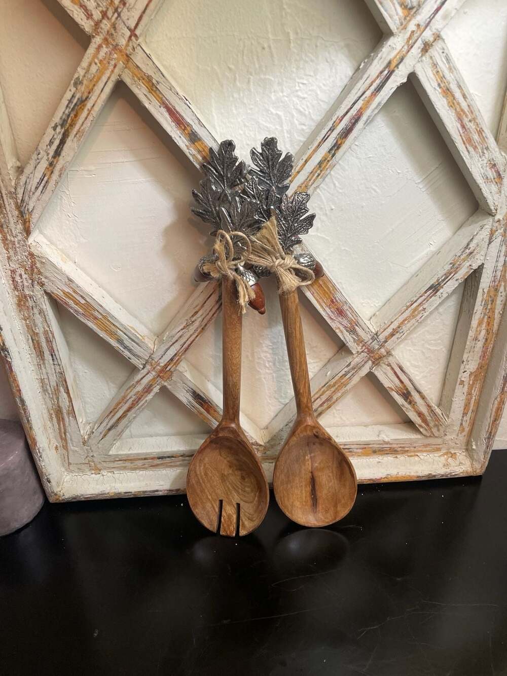 Vagabond House Acorn & Oak Leaf Pewter and Acacia Wood Salad Server Set